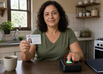 Mulher segura a nova carteira de identidade e encosta o polegar no leitor de digitais na mesa da cozinha