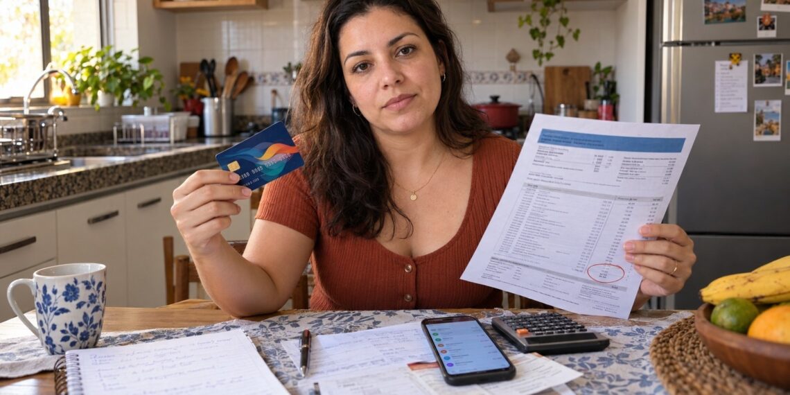 Mulher à mesa da cozinha segura fatura do cartão de crédito e cartão, com celular e calculadora ao lado