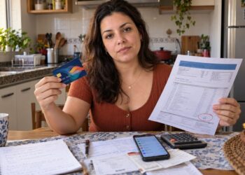 Mulher à mesa da cozinha segura fatura do cartão de crédito e cartão, com celular e calculadora ao lado