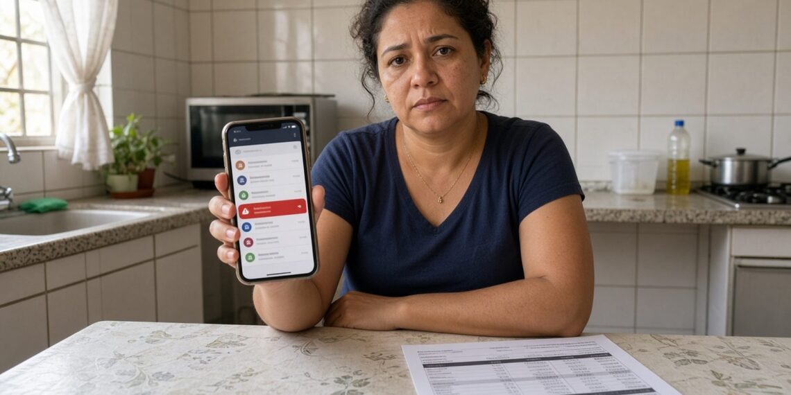 Mulher mostra o celular com o aplicativo do banco e uma linha em vermelho, com o extrato impresso na mesa
