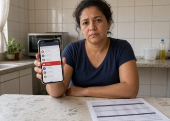 Mulher mostra o celular com o aplicativo do banco e uma linha em vermelho, com o extrato impresso na mesa