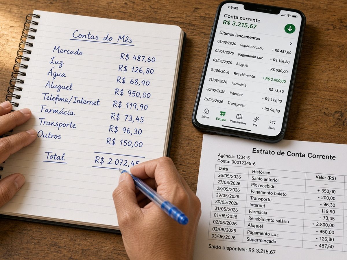 Mãos fazem contas no caderno ao lado do celular com o aplicativo do banco e do extrato impresso