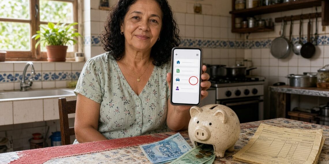 Mulher sorri segurando o celular com consulta de valores a receber ao lado de um cofrinho antigo aberto