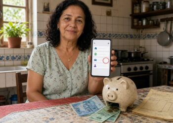 Mulher sorri segurando o celular com consulta de valores a receber ao lado de um cofrinho antigo aberto