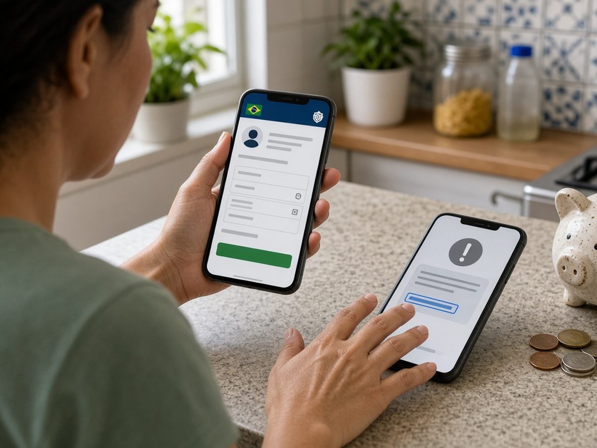 Mãos afastam celular com mensagem suspeita enquanto outro aparelho mostra a consulta oficial de valores esquecidos