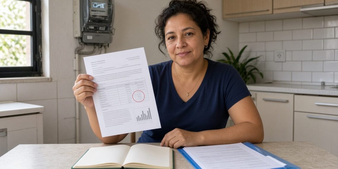 Mulher sorri à mesa da cozinha segurando conta de luz com a área de consumo destacada por um círculo vermelho