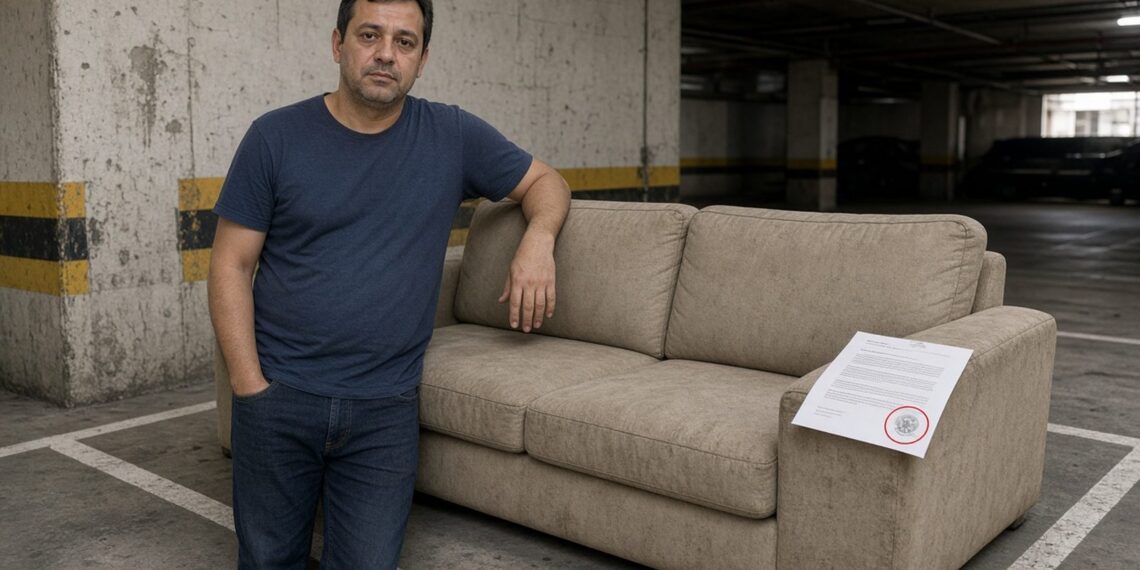 Morador ao lado de sofá velho estacionado na vaga da garagem, com aviso impresso preso no braço do sofá