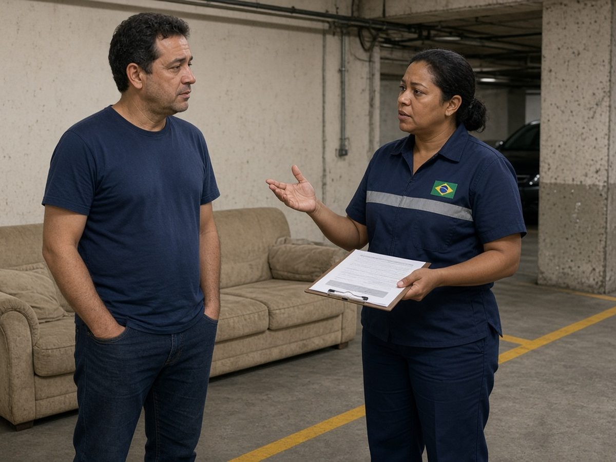 Funcionária do condomínio mostra o regimento interno ao morador ao lado do sofá deixado na vaga da garagem