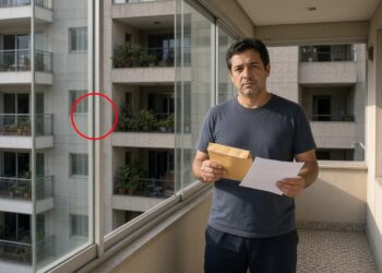 Morador em varanda fechada com vidro segura notificação do condomínio, com varandas vizinhas abertas ao fundo