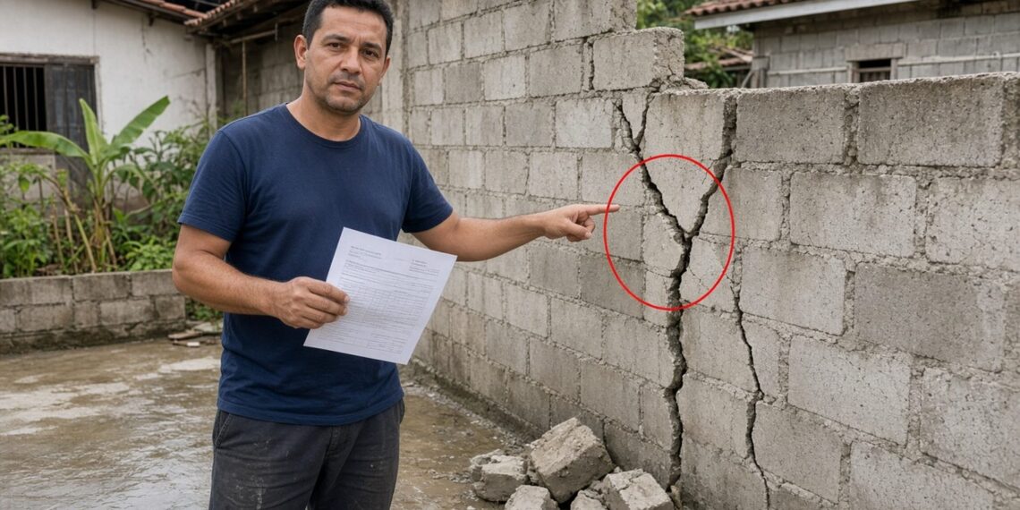 Morador aponta rachadura em muro de divisa com blocos caídos enquanto segura orçamento de conserto