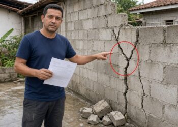 Morador aponta rachadura em muro de divisa com blocos caídos enquanto segura orçamento de conserto
