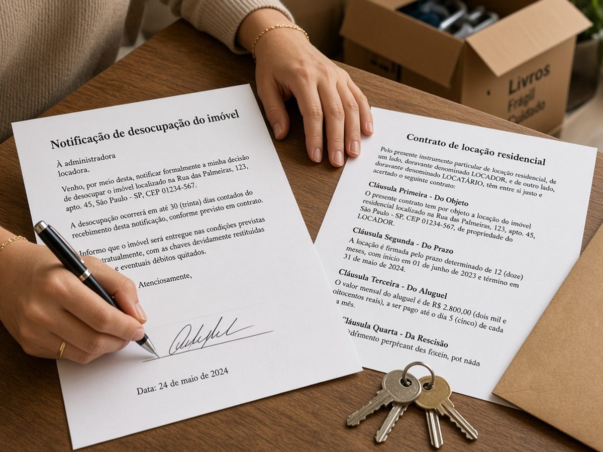 Mãos assinam aviso por escrito ao lado do contrato de aluguel e das chaves, antes da entrega do imóvel