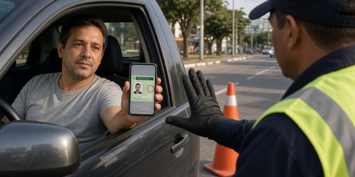 Motorista mostra no celular a imagem da habilitação pela janela enquanto agente de trânsito recusa com a mão