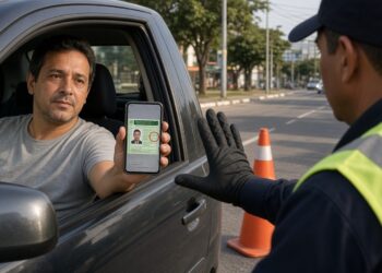 Motorista mostra no celular a imagem da habilitação pela janela enquanto agente de trânsito recusa com a mão