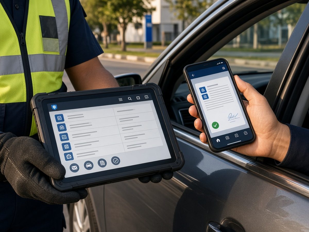 Agente de trânsito segura tablet de consulta enquanto o motorista mostra o documento digital no celular