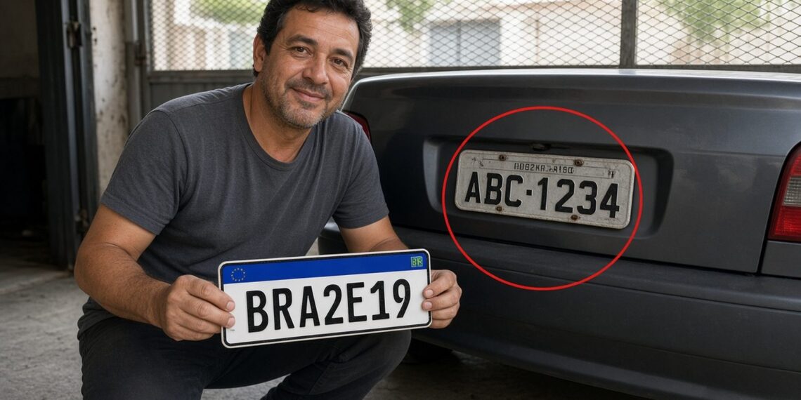 Homem na garagem segura placa no padrão Mercosul ao lado da placa cinza antiga ainda presa ao para-choque do carro