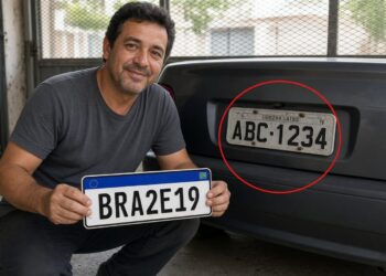 Homem na garagem segura placa no padrão Mercosul ao lado da placa cinza antiga ainda presa ao para-choque do carro