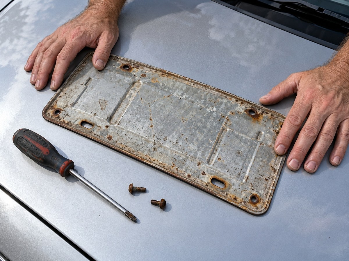 Mãos seguram a placa cinza antiga retirada do carro sobre o capô, ao lado de uma chave de fenda