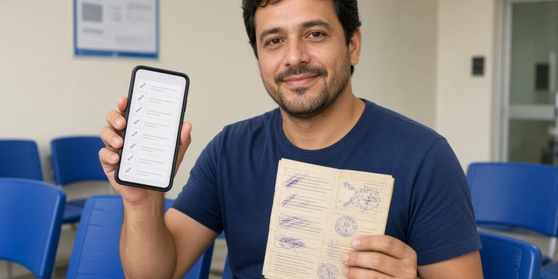 Homem na sala de espera de posto de saúde mostra o celular com a lista de vacinas e o cartão de vacinação de papel