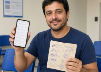 Homem na sala de espera de posto de saúde mostra o celular com a lista de vacinas e o cartão de vacinação de papel