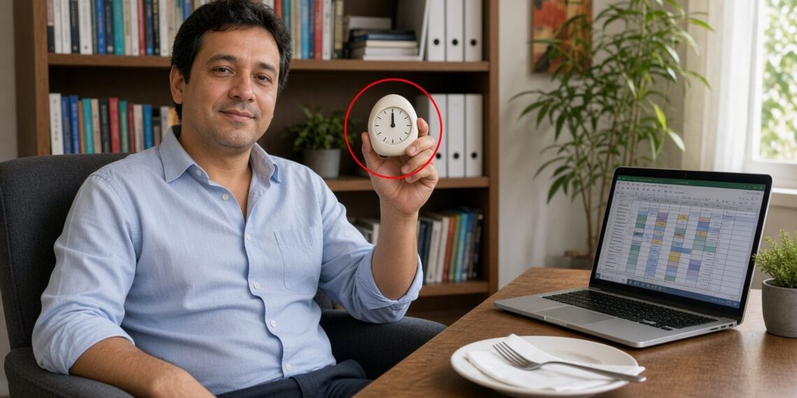 Homem recém-acordado na poltrona do escritório mostra timer de cozinha ao lado do prato vazio do almoço