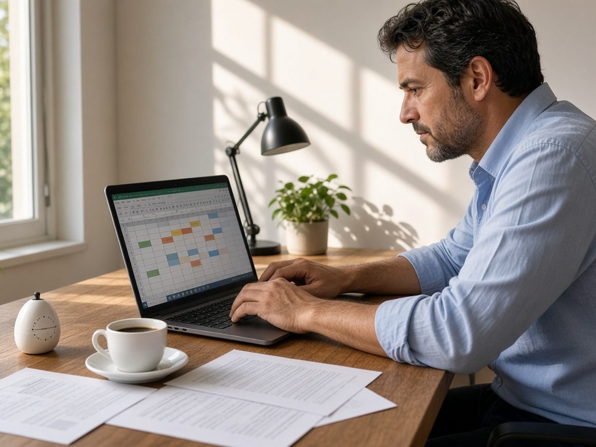 Homem desperto volta ao trabalho no notebook com o timer de cozinha ao lado do teclado