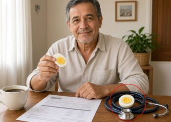 Homem à mesa do café segura meio ovo cozido, com estetoscópio e folha de exame de sangue ao lado