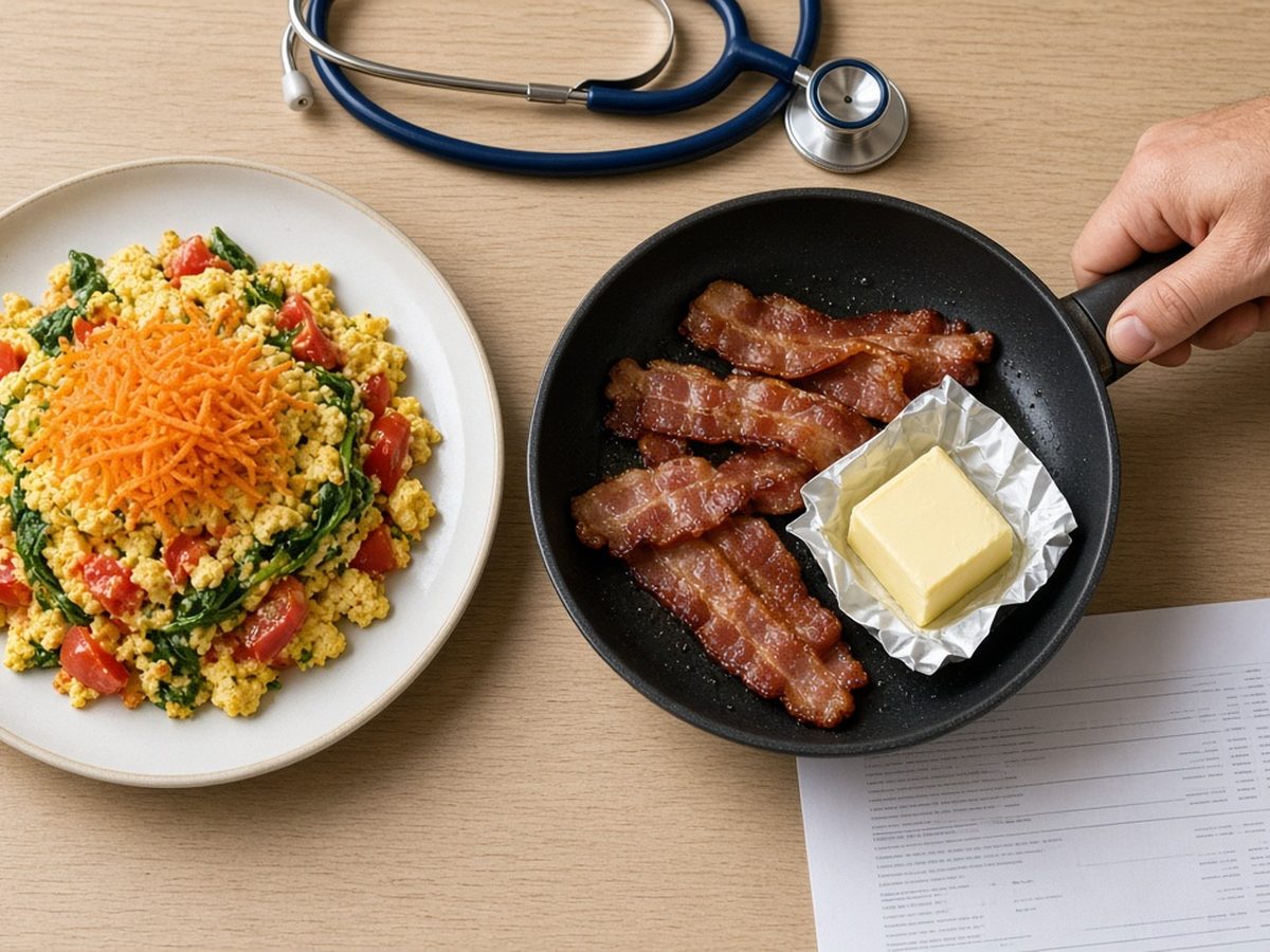 Prato de ovo mexido com legumes ao lado de frigideira com bacon e manteiga sendo afastada por uma mão