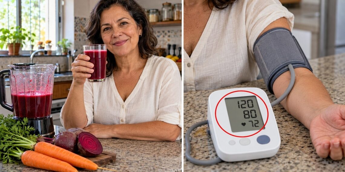 Mulher segura copo de suco de beterraba com cenoura na cozinha e, ao lado, mede a pressão com aparelho de braço