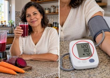 Mulher segura copo de suco de beterraba com cenoura na cozinha e, ao lado, mede a pressão com aparelho de braço