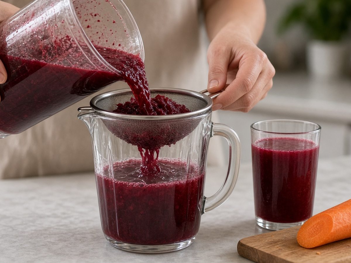 Mãos coam suco de beterraba com cenoura para uma jarra, com a polpa vermelha presa na peneira