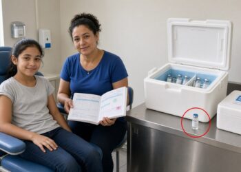 Adolescente em sala de vacinação ao lado da mãe com caderneta e frascos de vacina separados na bancada