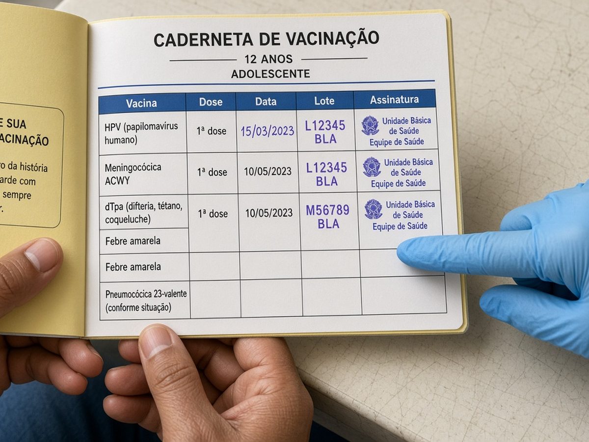 Mãos da mãe seguram a caderneta de vacinação enquanto a profissional de saúde indica o campo da próxima dose
