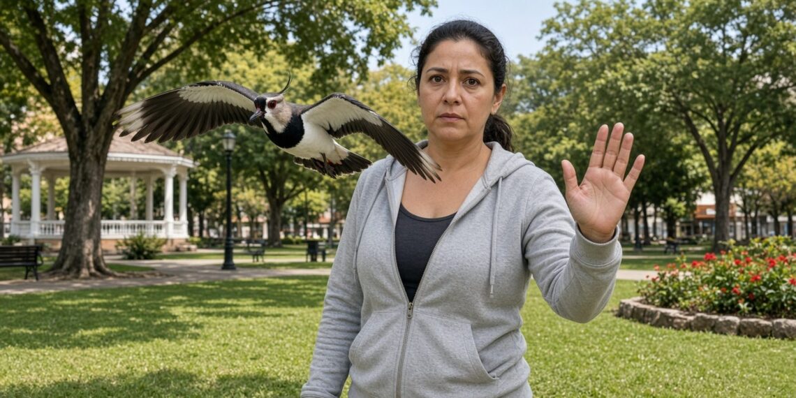 Mulher levanta a mão enquanto um quero-quero dá rasante logo acima do ombro dela no gramado da praça