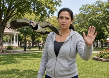 Mulher levanta a mão enquanto um quero-quero dá rasante logo acima do ombro dela no gramado da praça