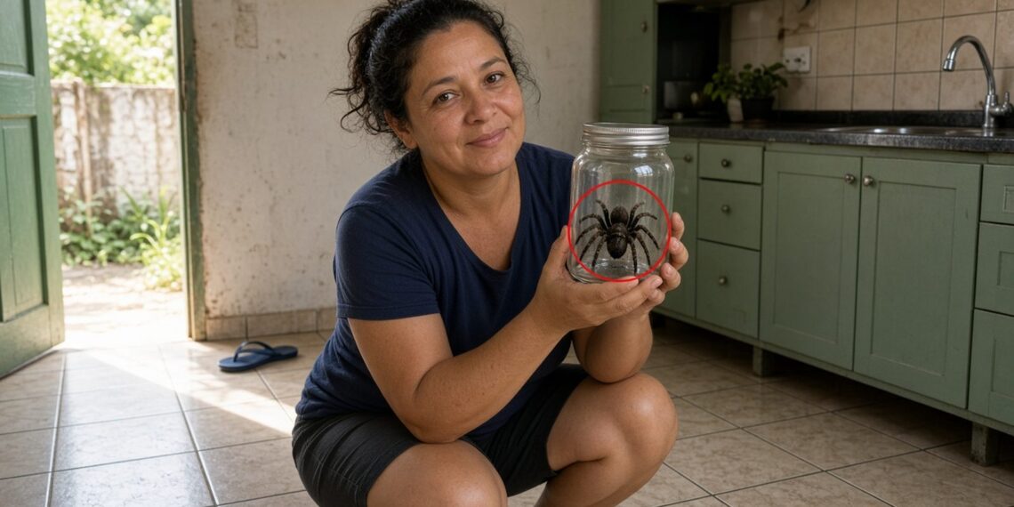 Mulher agachada no chão da cozinha segura um pote de vidro com uma aranha-caranguejeira dentro