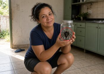 Mulher agachada no chão da cozinha segura um pote de vidro com uma aranha-caranguejeira dentro