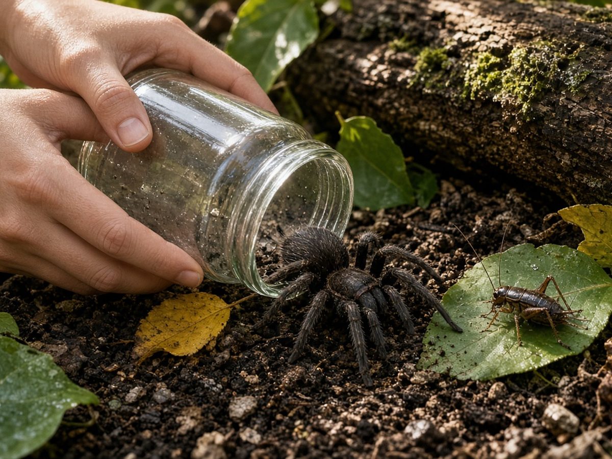 Mãos soltam uma aranha-caranguejeira de um pote de vidro sobre a terra do quintal, perto de um grilo