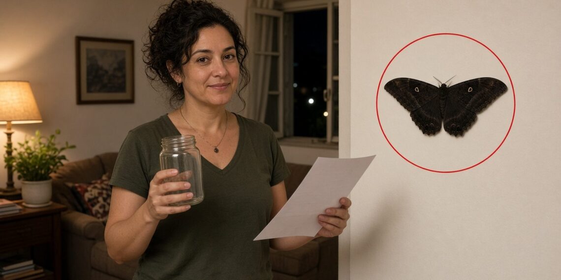 Mulher segura pote de vidro e papel para capturar mariposa-bruxa pousada na parede da sala à noite
