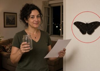 Mulher segura pote de vidro e papel para capturar mariposa-bruxa pousada na parede da sala à noite