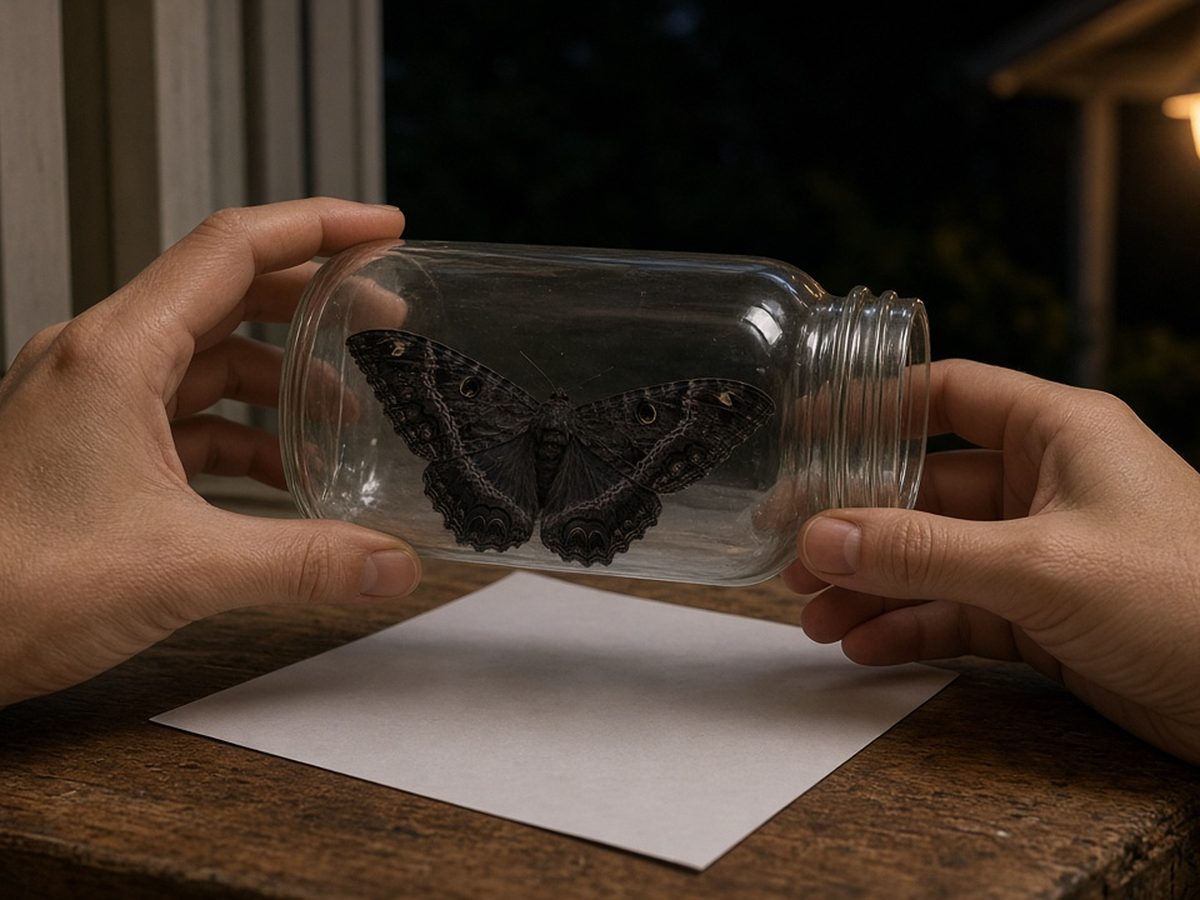 Mãos seguram pote com a mariposa-bruxa na janela aberta, prontas para soltá-la do lado de fora