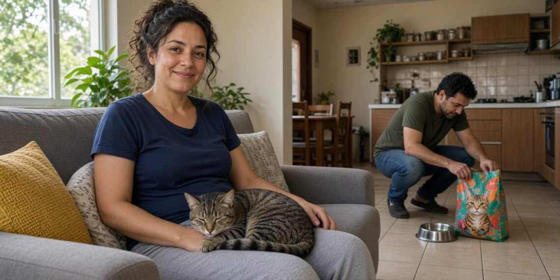 Gato rajado dorme no colo de mulher no sofá enquanto, ao fundo, homem enche pote de ração que o gato ignora