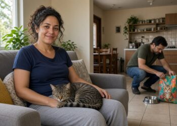 Gato rajado dorme no colo de mulher no sofá enquanto, ao fundo, homem enche pote de ração que o gato ignora