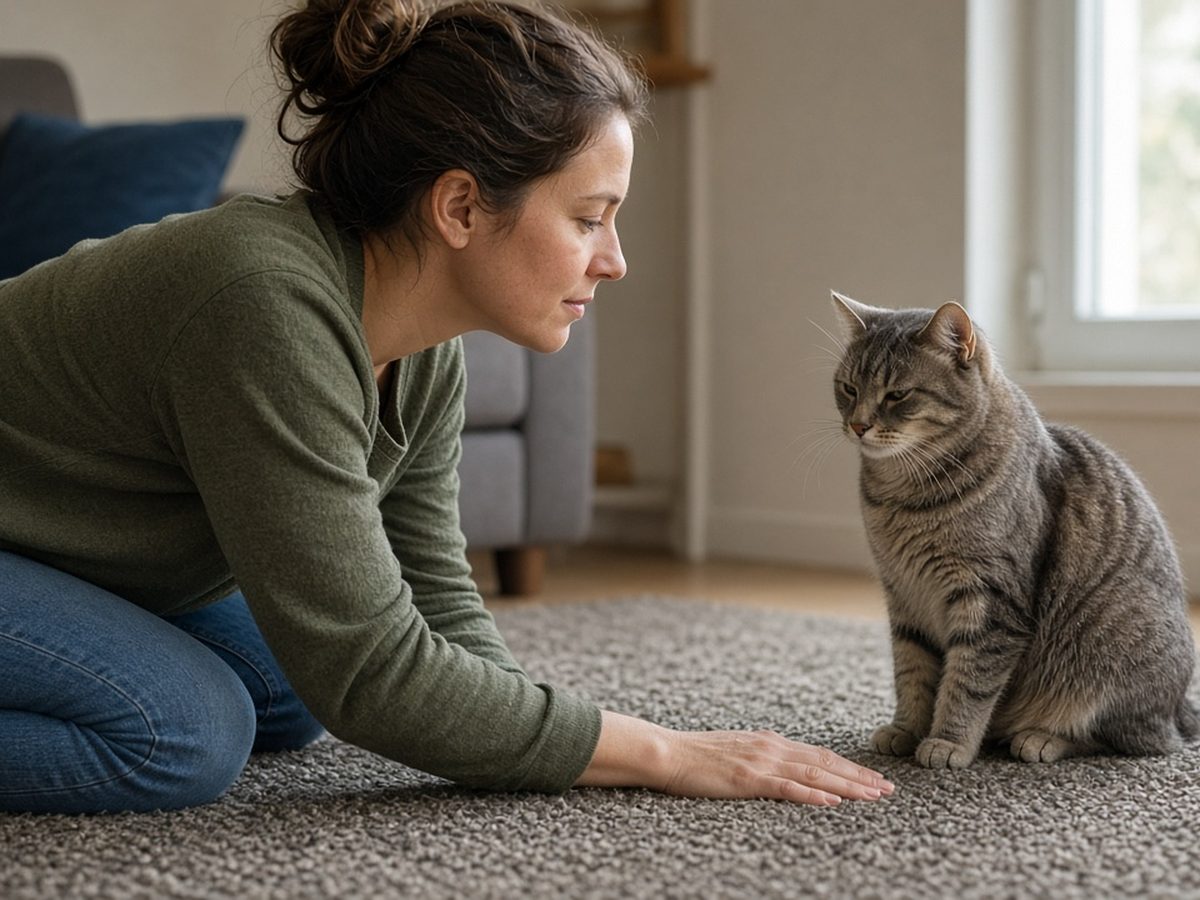 Mulher agachada pisca devagar para gato rajado, que responde de olhos semicerrados perto da mão estendida