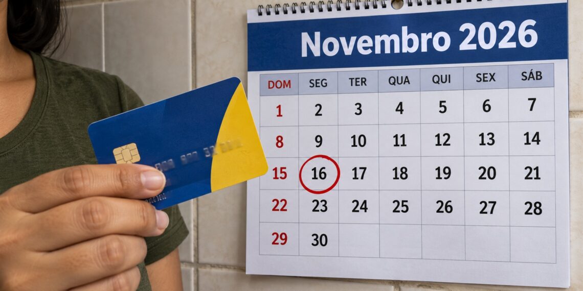 Cartão de benefício social diante do calendário de novembro com o dia 16 circulado.