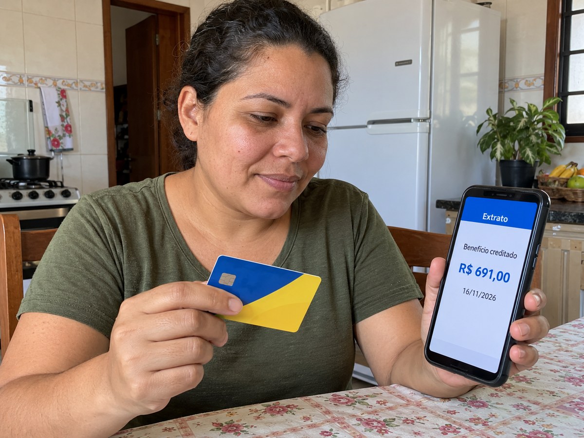 Mulher consulta no celular o crédito do benefício social.