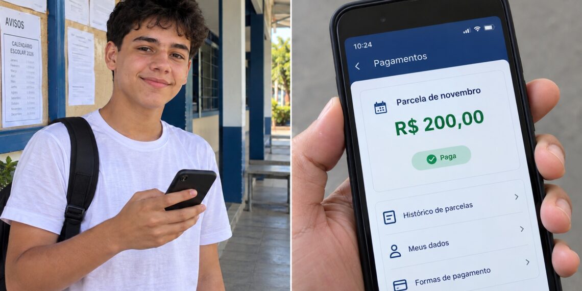 Estudante mostra parcela de novembro de R$ 200 no celular.
