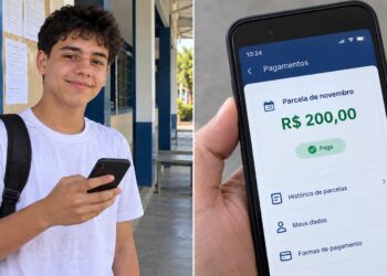 Estudante mostra parcela de novembro de R$ 200 no celular.