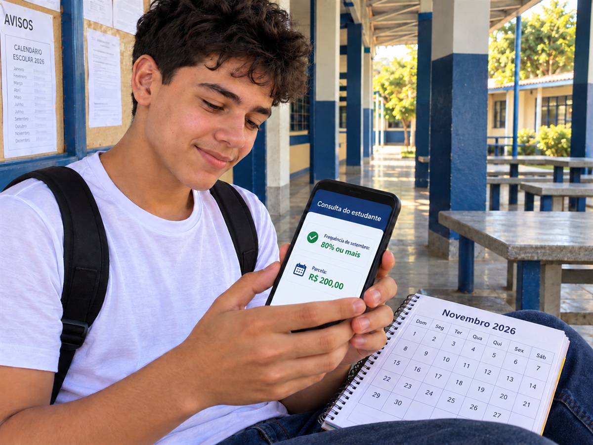 Estudante consulta a frequência de setembro e a parcela no aplicativo.