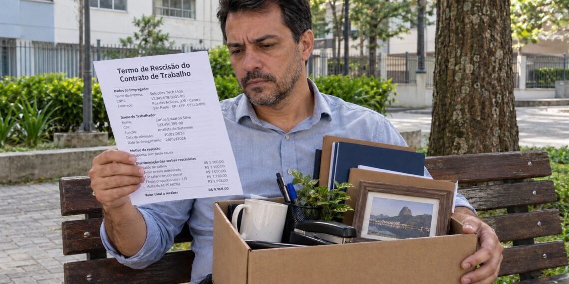 Homem confere termo de rescisão com uma caixa de objetos do escritório no colo.